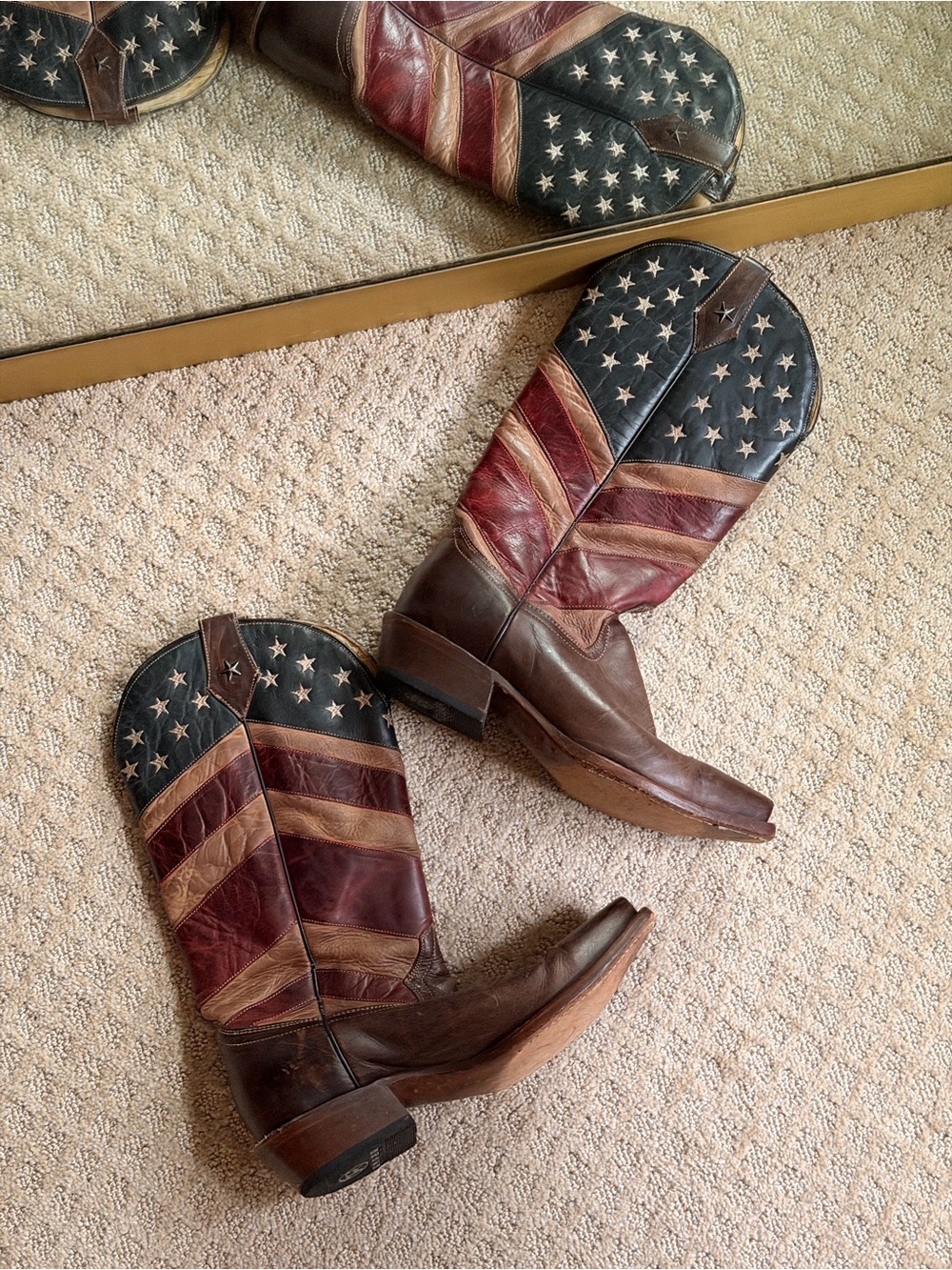 Roper Women's Brown Leather Western Boots with Red, Blue & Tan Flag Inset